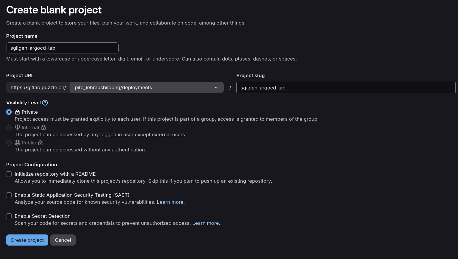 Project creation screen